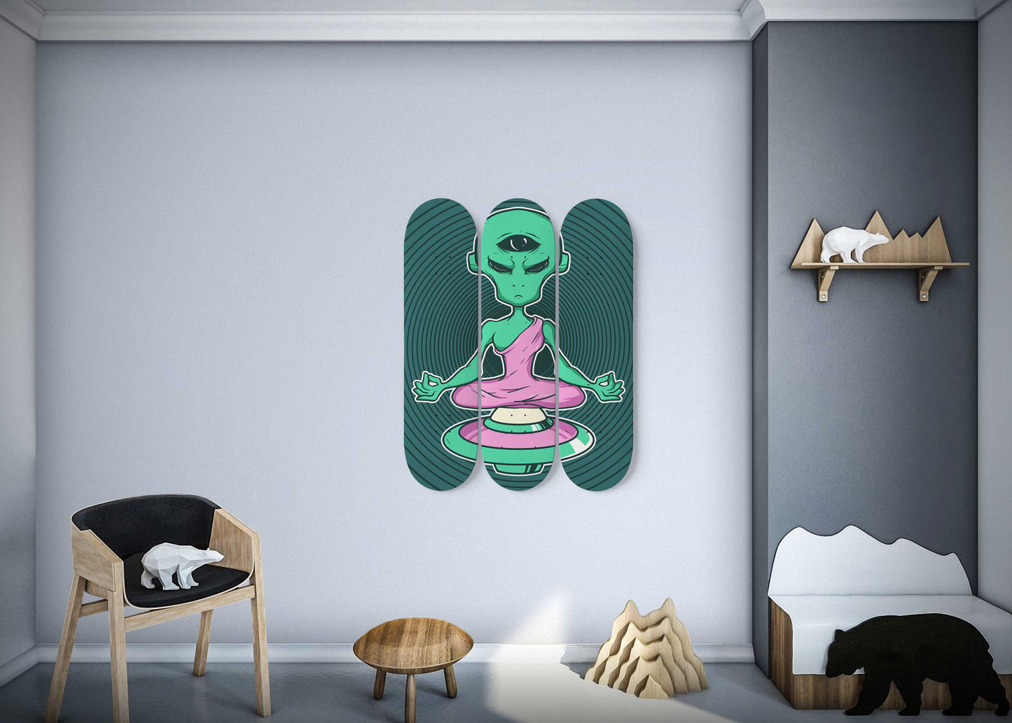 Alien Meditation 3 Deck Skateboard Wall Art: Mesmerizing Cosmic Design