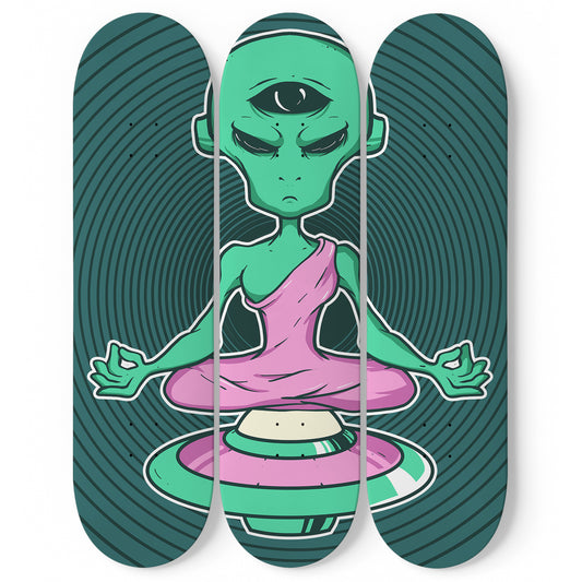Alien Meditation 3 Deck Skateboard Wall Art: Mesmerizing Cosmic Design