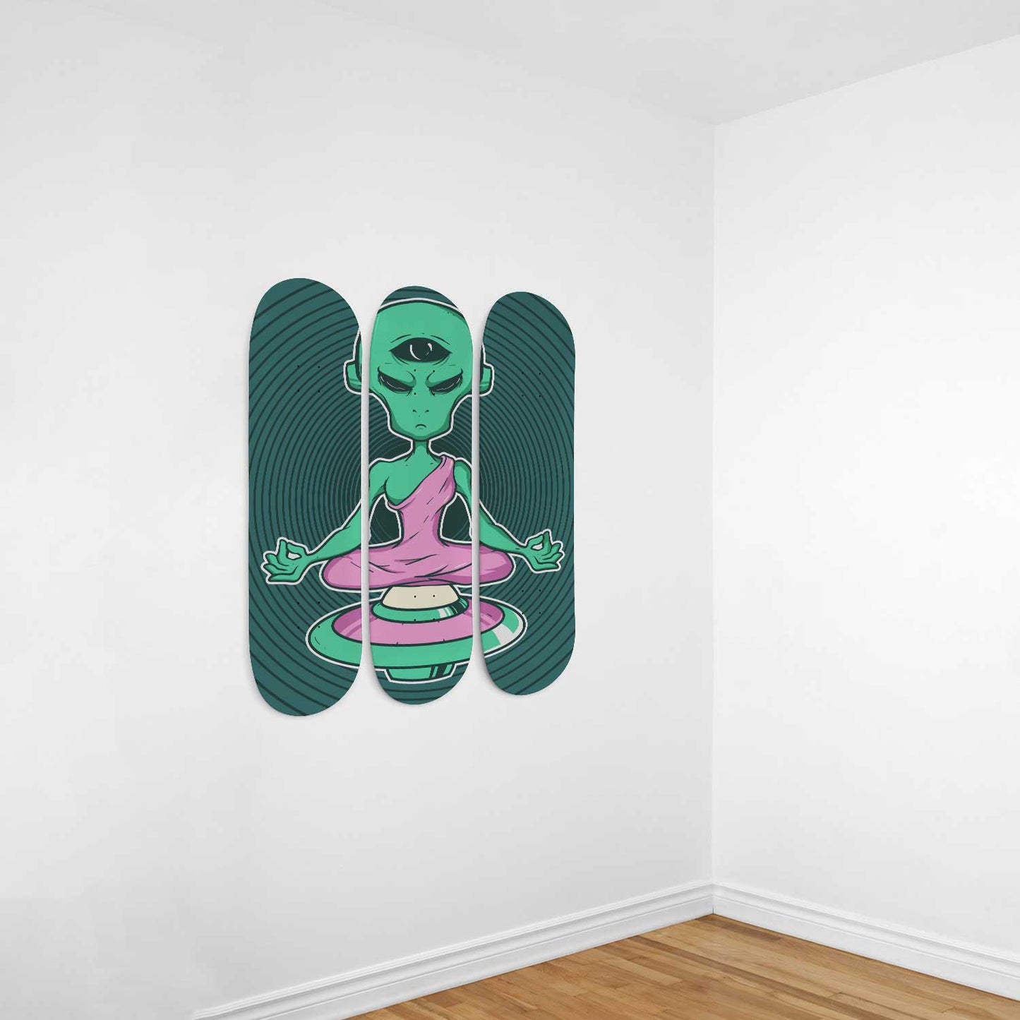 Alien Meditation 3 Deck Skateboard Wall Art: Mesmerizing Cosmic Design