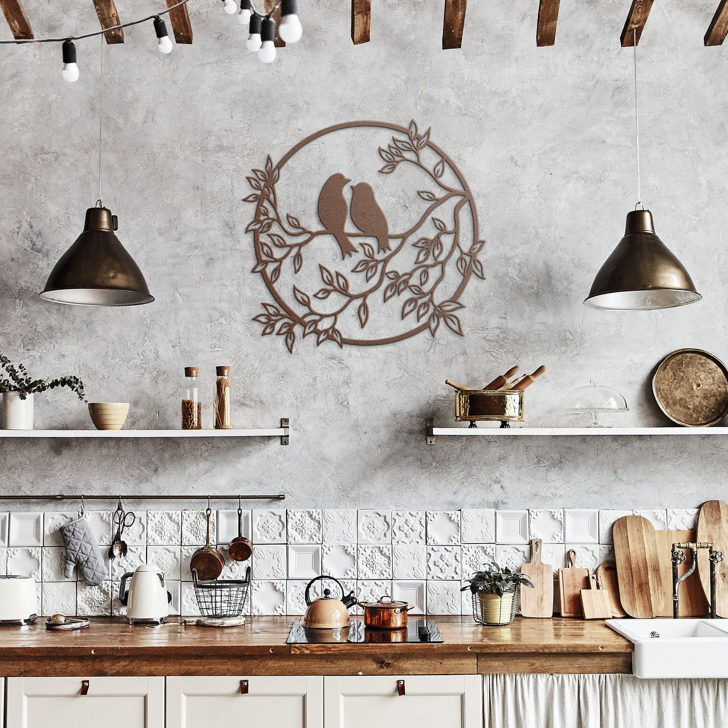 Bird Lovers on a Tree Branch Metal Wall Art