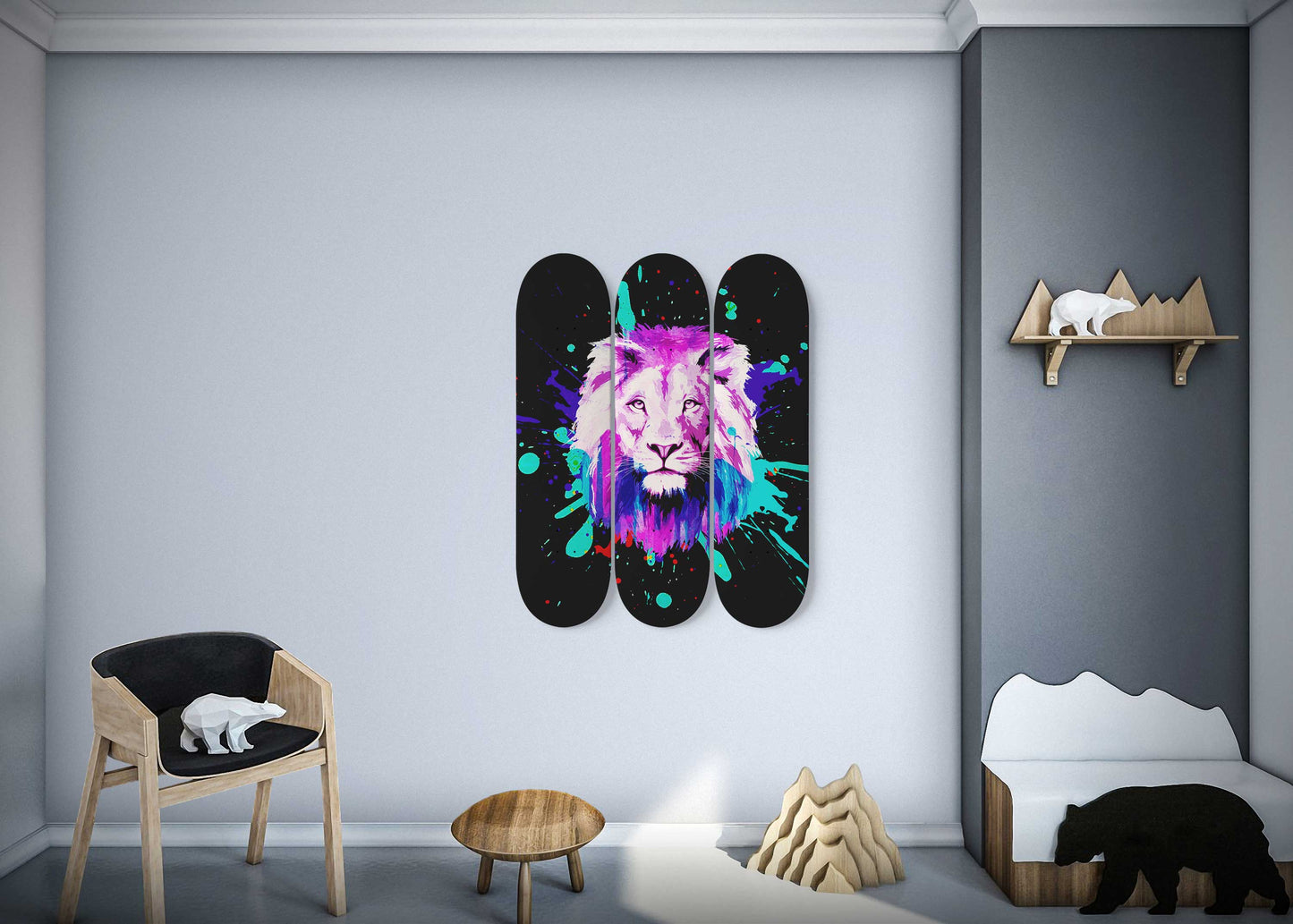 Lion Pride #1.0 3-Deck Skateboard Wall Art: Vibrant, Colorful Design