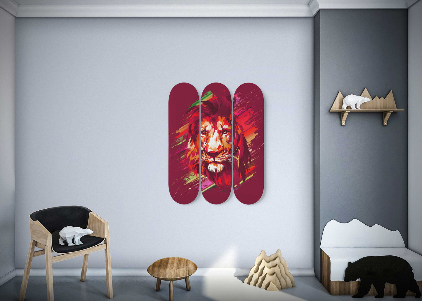 Lion Pride #2.0 3-Deck Skateboard Wall Art: Vibrant, Colorful Design