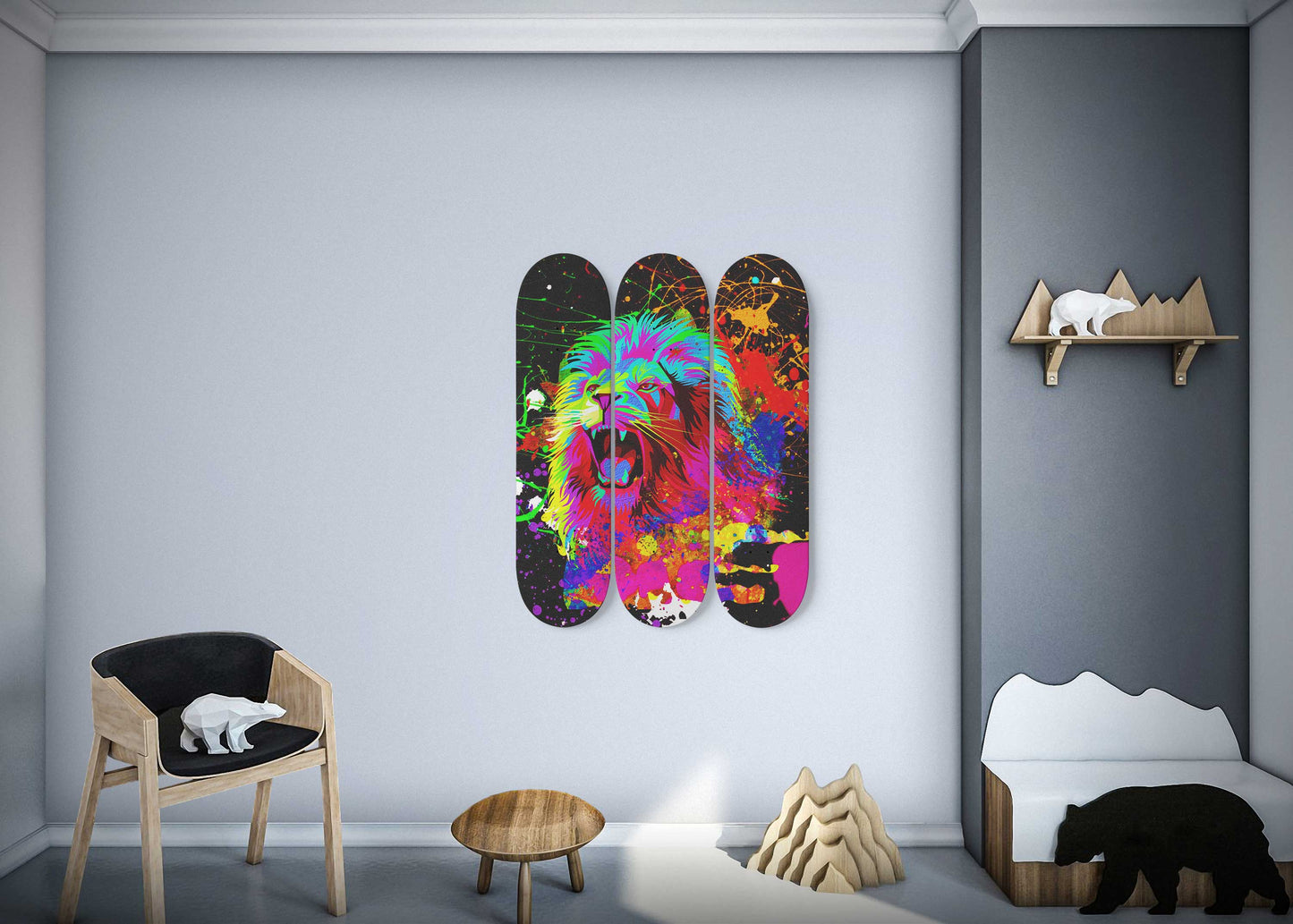 Lion Pride #3.0 3-Deck Skateboard Wall Art: Vibrant, Colorful Design