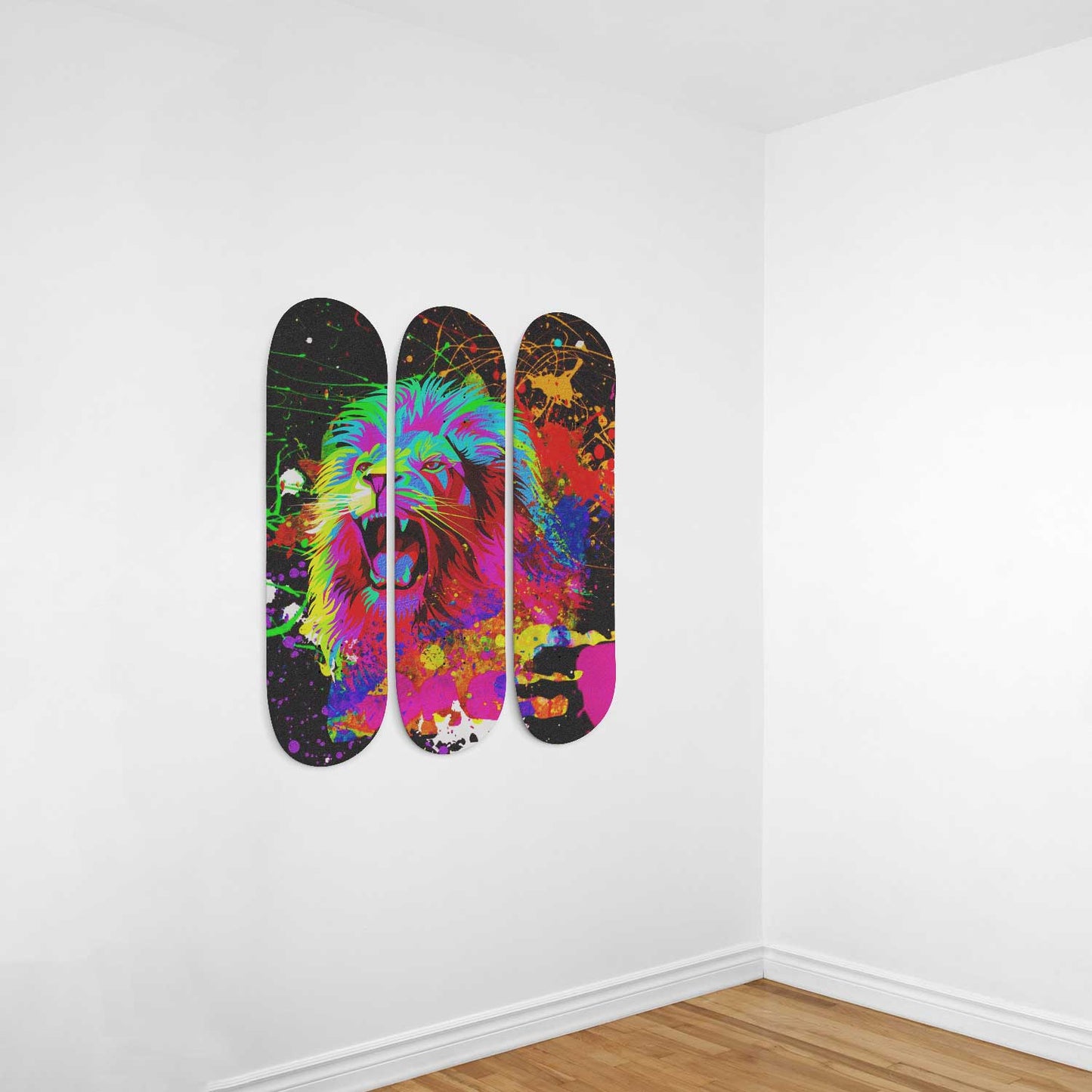 Lion Pride #3.0 3-Deck Skateboard Wall Art: Vibrant, Colorful Design