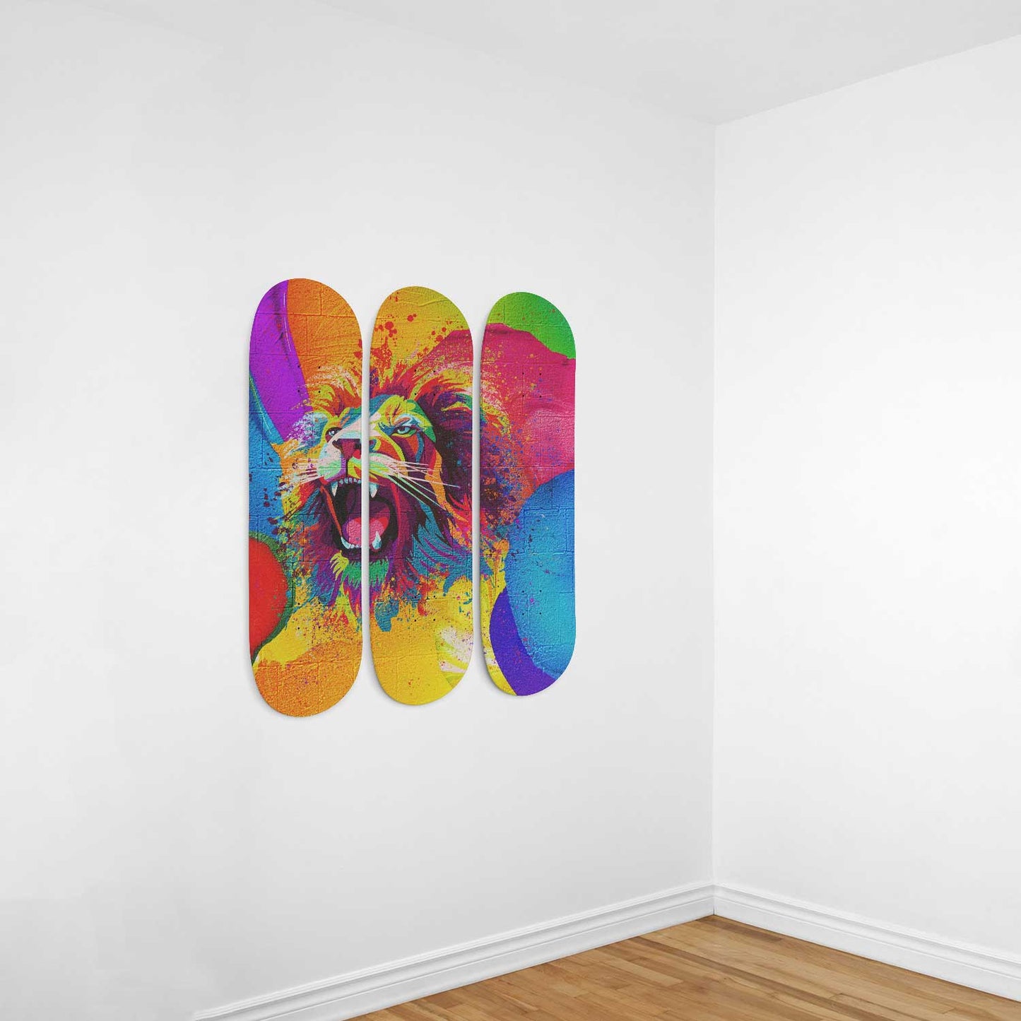 Lion Pride #4.0 3-Deck Skateboard Wall Art: Vibrant, Colorful Design
