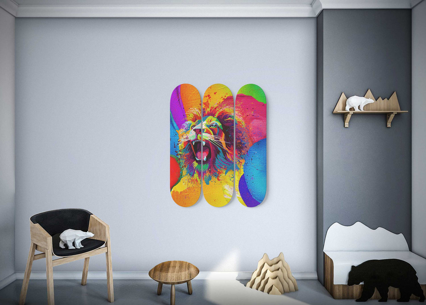 Lion Pride #4.0 3-Deck Skateboard Wall Art: Vibrant, Colorful Design
