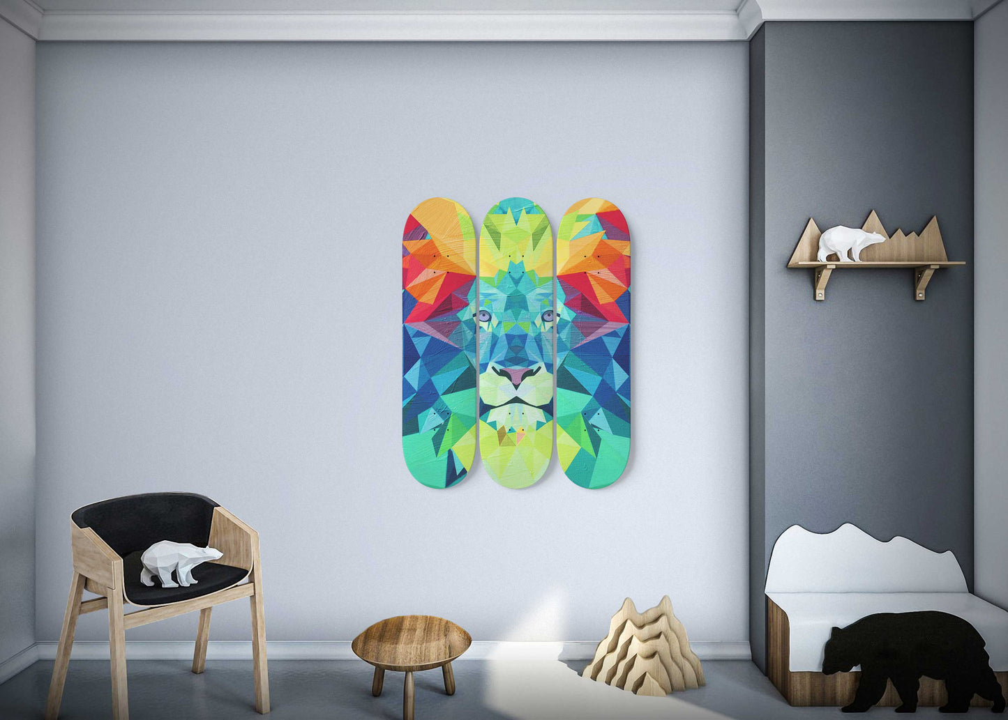Lion Pride #5.0 3-Deck Skateboard Wall Art: Vibrant, Colorful Design