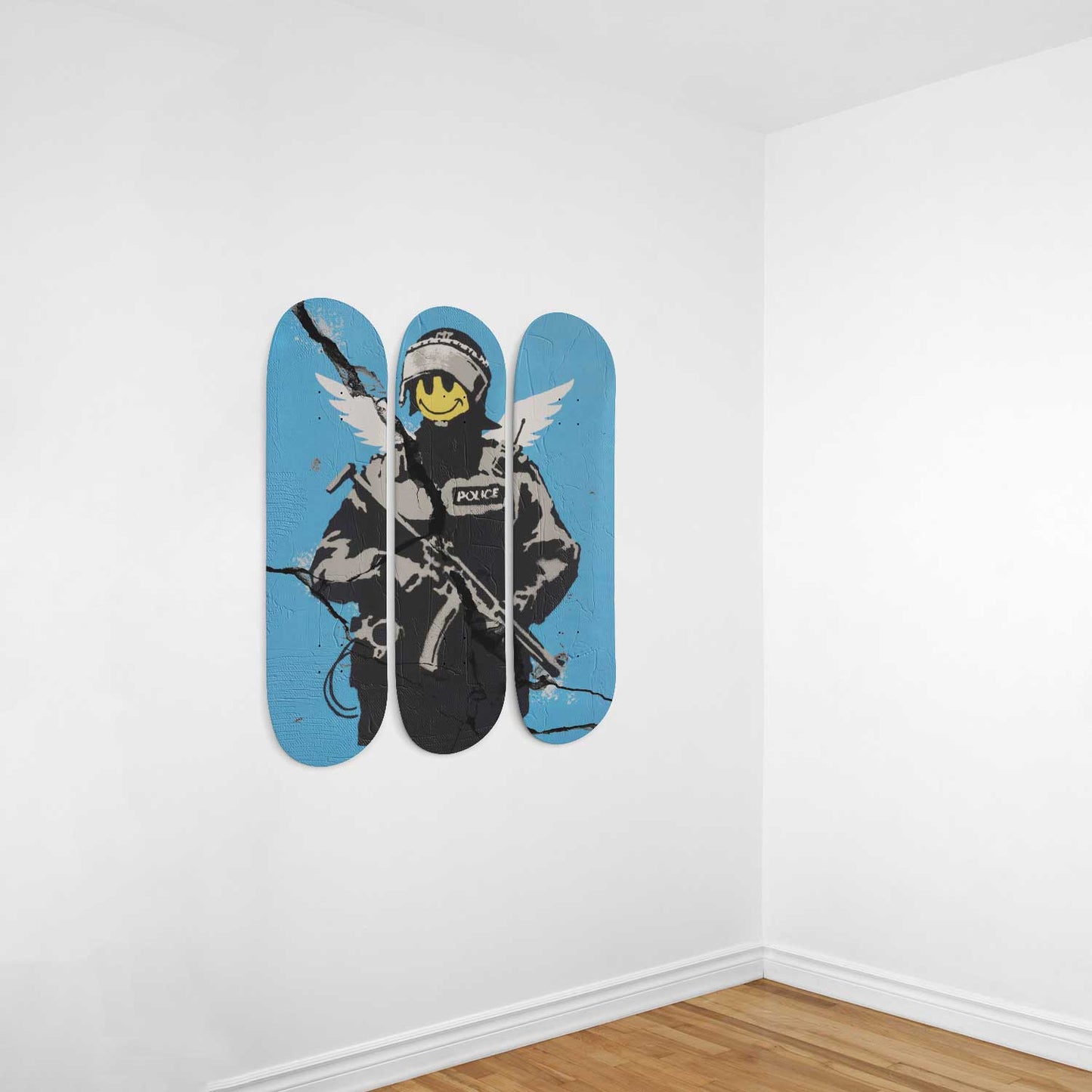 Banksy Flying Copper 3-Deck Skateboard Wall Art: Urban Artistry in Flight