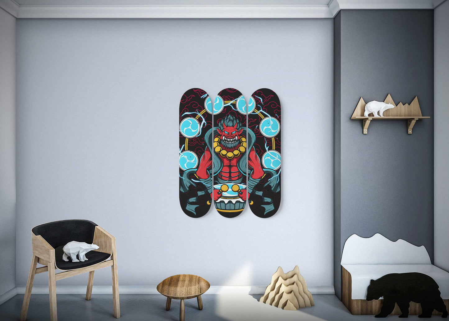 God of Thunder Raijin 3 Deck Skateboard Wall Art :Unleash the Storm