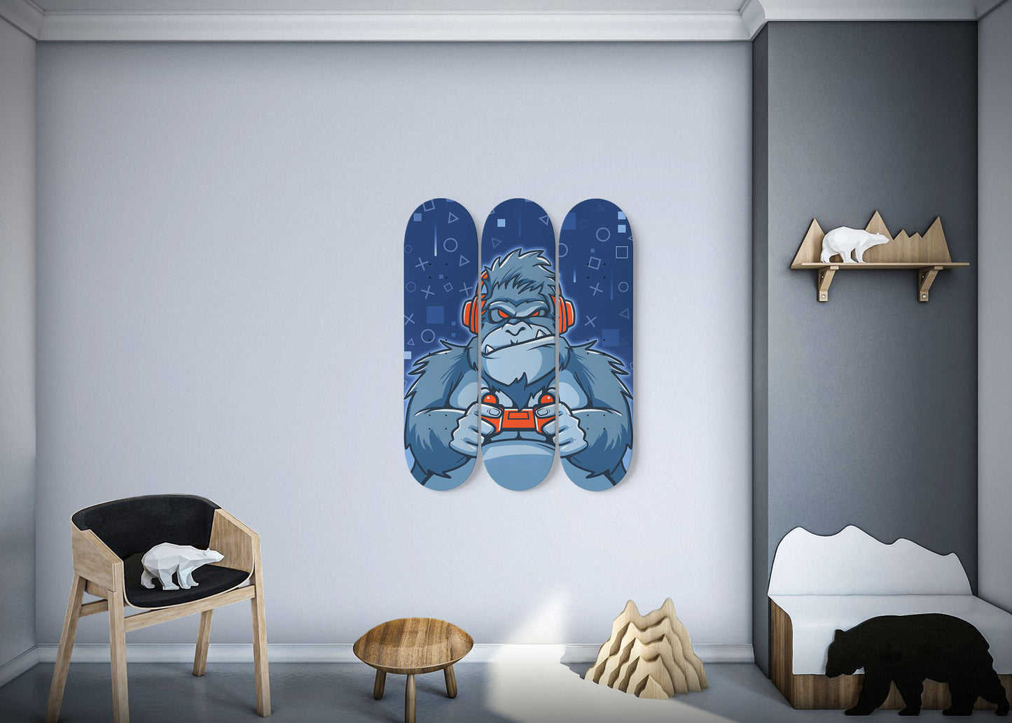 Gorilla Gaming 3 Deck Skateboard Wall Art: Unleash the Beast