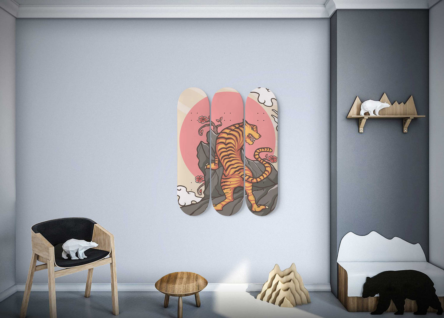 Japanese Tiger Design 3 Deck Skateboard Wall Art: Embrace the Roar