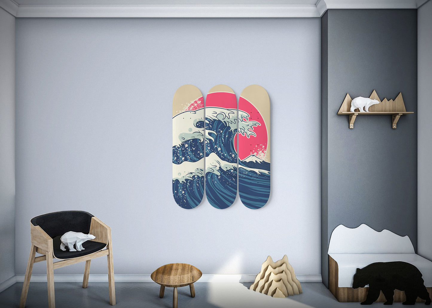 Japanese Waves 3-Deck Skateboard Wall Art: Oceanic Elegance
