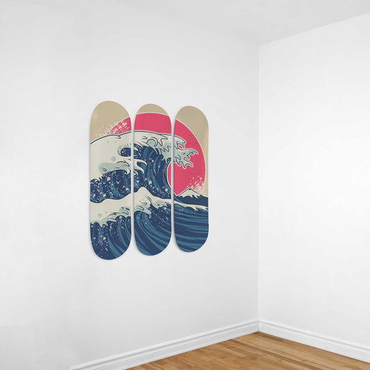 Japanese Waves 3-Deck Skateboard Wall Art: Oceanic Elegance