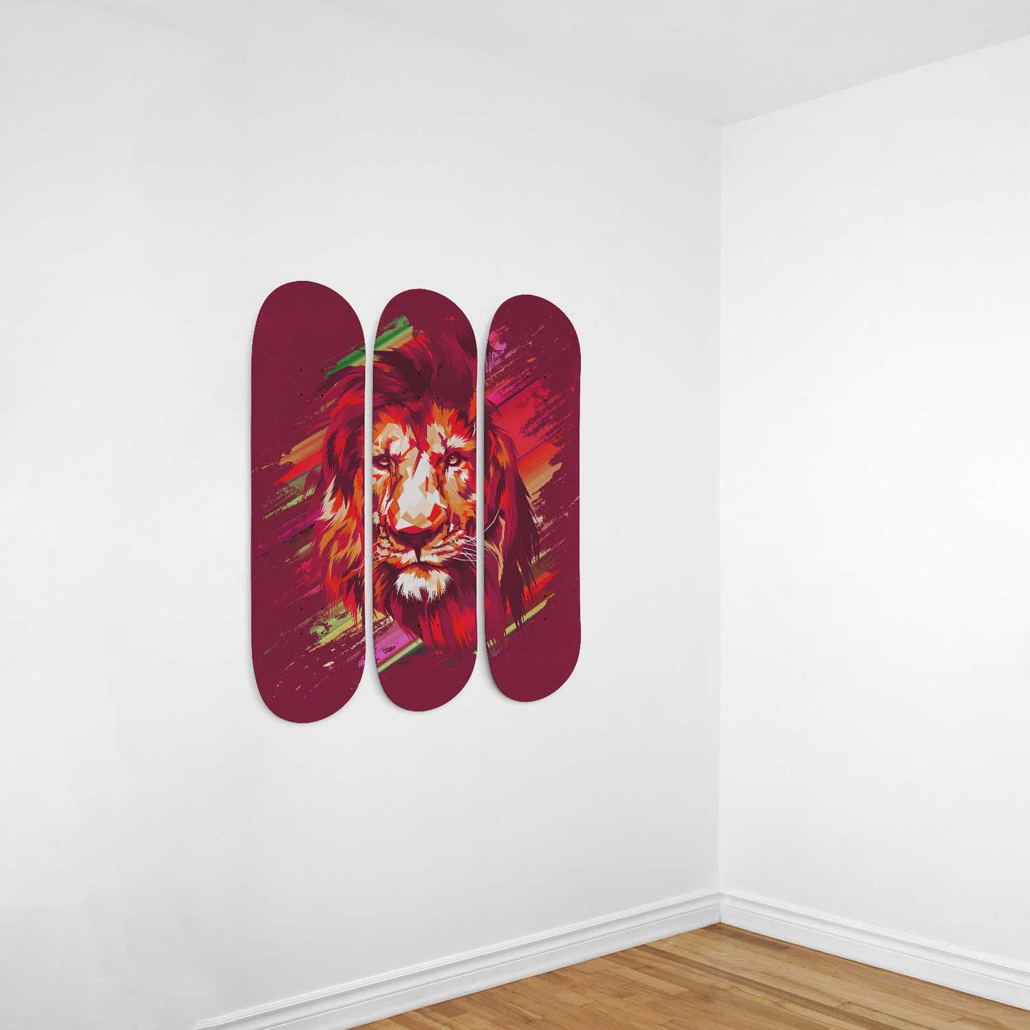 Lion Pride #2.0 3-Deck Skateboard Wall Art: Vibrant, Colorful Design