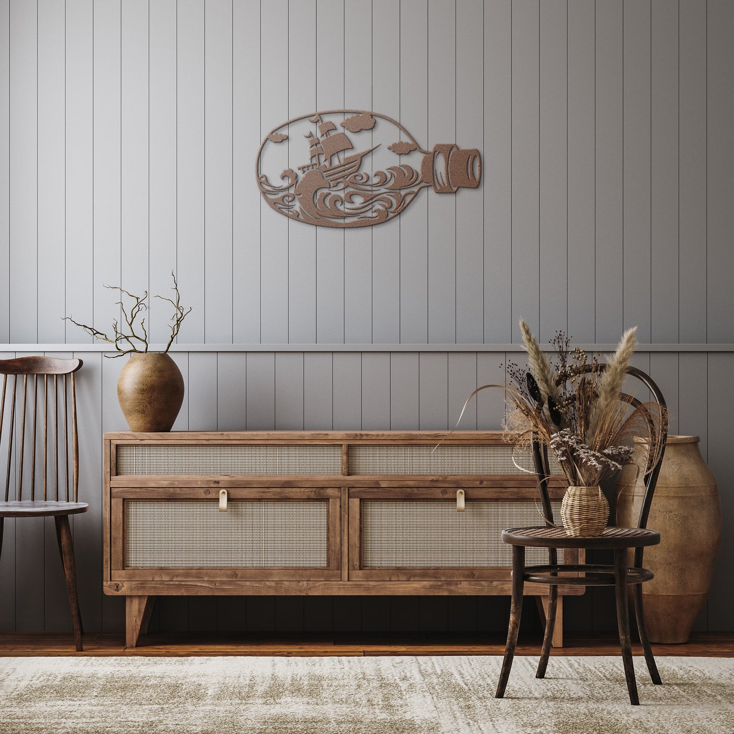 Magical Ship in a Bottle Metal Wall Art