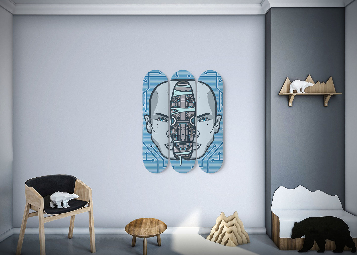 Mecha Human 3-Deck Skateboard Wall Art: Futuristic Fusion