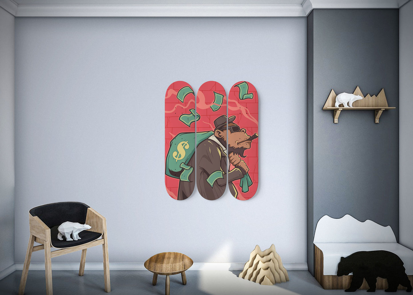 Money Hustle 3-Deck Skateboard Wall Art: Wealth on Wheels