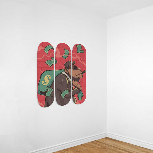 Money Hustle 3-Deck Skateboard Wall Art: Wealth on Wheels