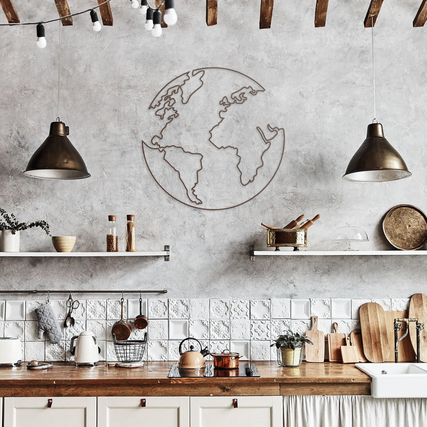 One Line Global Map Metal Wall Art
