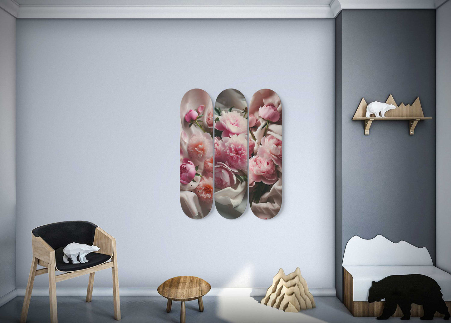Peony on bed 3-Deck Skateboard Wall Art