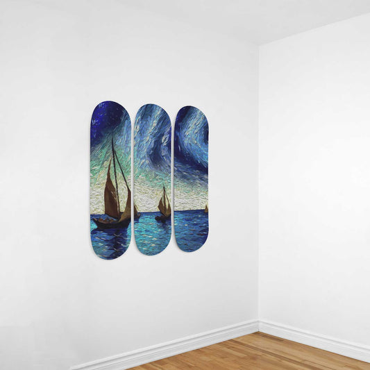 Van Gogh Sailing Under Starry Night 3-Deck Skateboard Wall Art