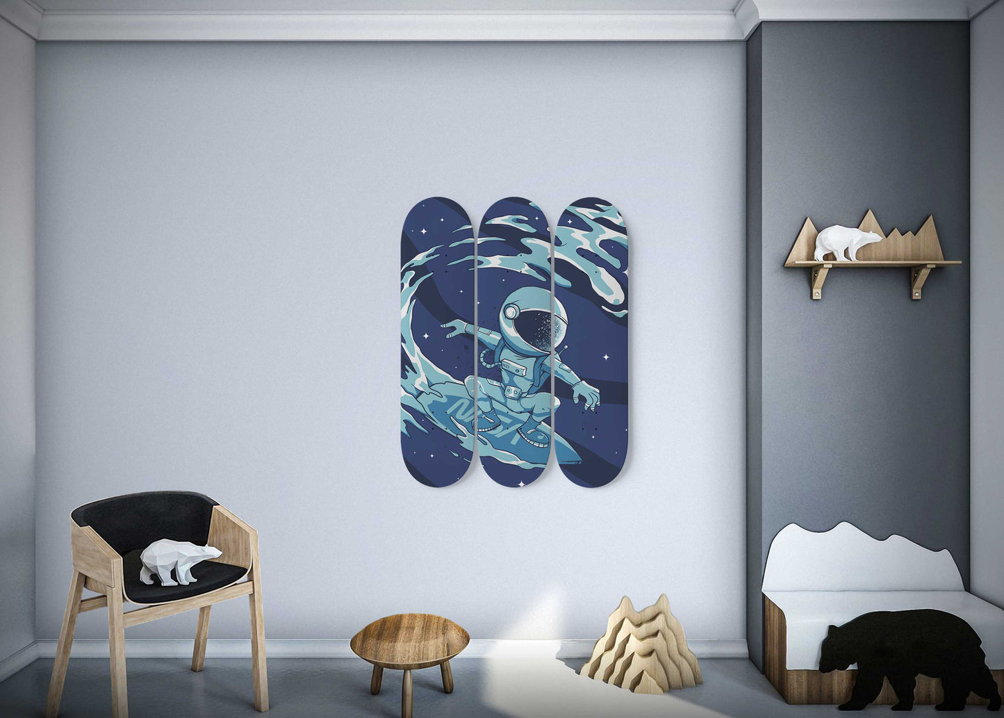 Space Surfer 3-Deck Skateboard Wall Art: Cosmic Vibes