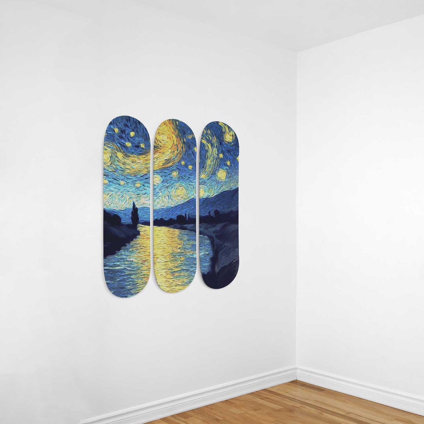 Van Gogh Starry Night Over River 3-Deck Skateboard Wall Art: Celestial Symphony in Motion