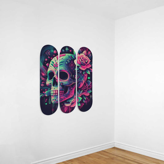 Sugar Skull #5.0 3-Deck Skateboard Wall Art: Dia de los Muertos Delight