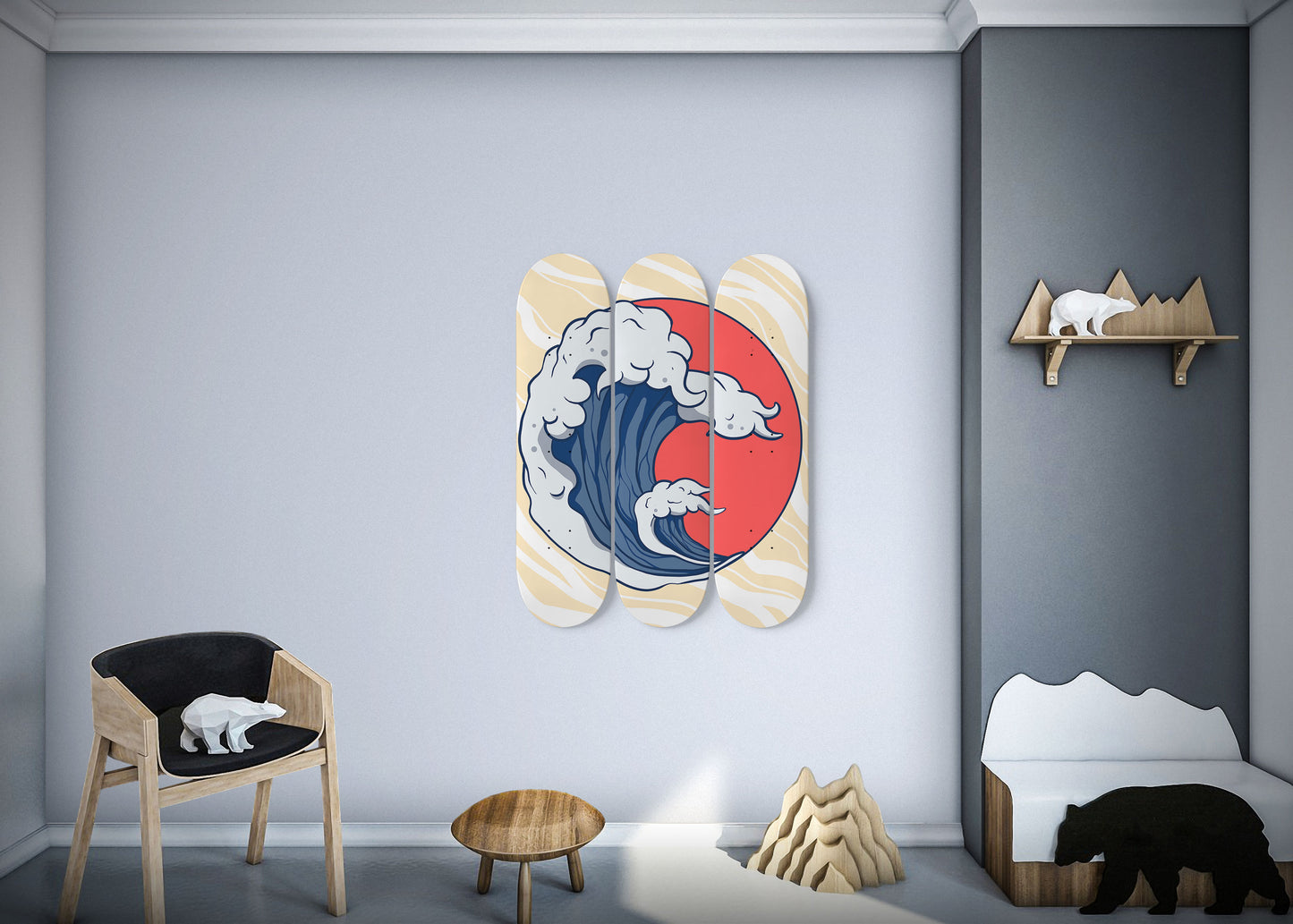 The Huge Japanese Wave 3 Deck Skateboard Wall Art :A Sweet Escape for Urban Decor