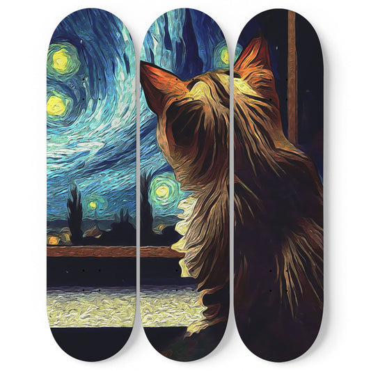 Van Gogh Cat Under Starry Night 3-Deck Skateboard Wall Art: Purr-fectly Artistic