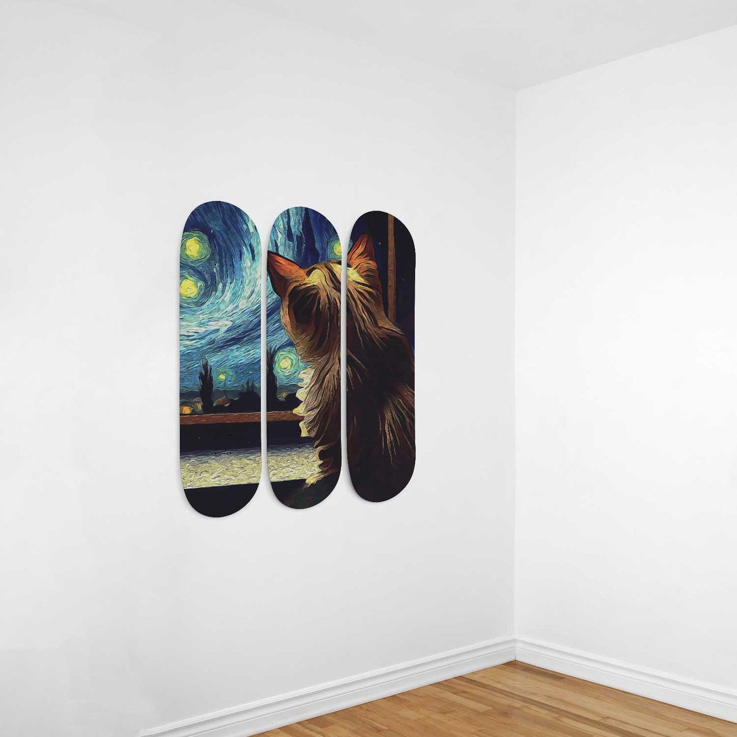 Van Gogh Cat Under Starry Night 3-Deck Skateboard Wall Art: Purr-fectly Artistic