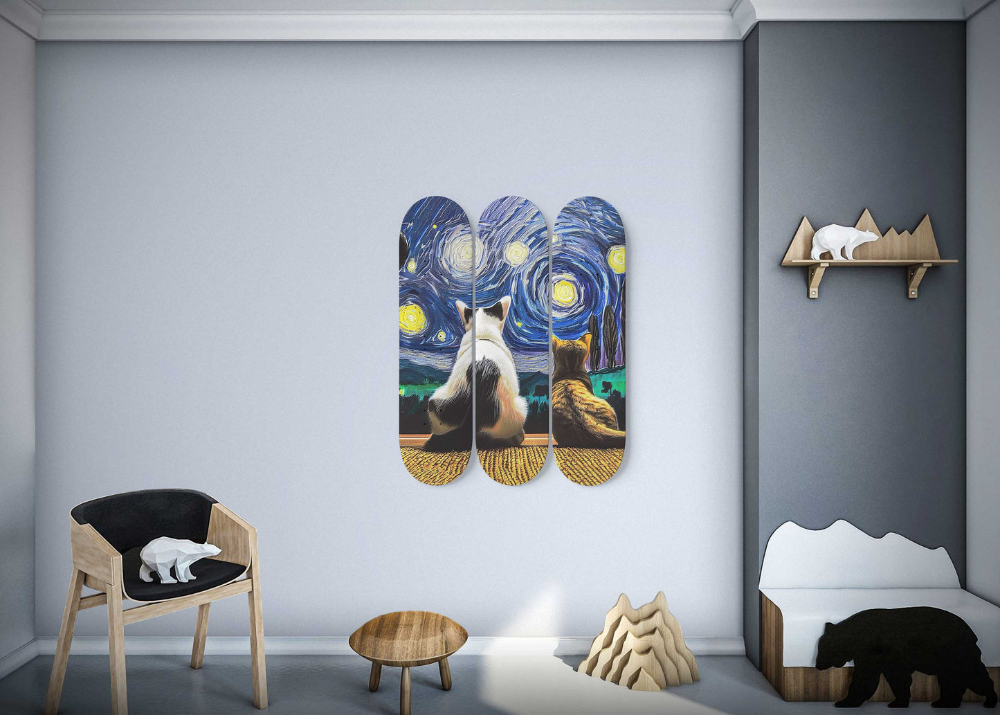 Van Gogh Cat View 3-Deck Skateboard Wall Art: Whiskered Masterpiece