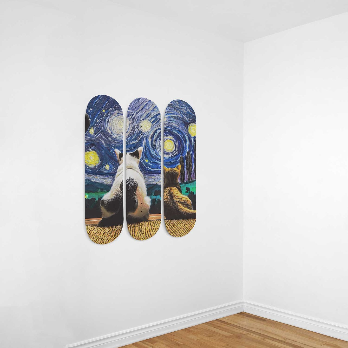 Van Gogh Cat View 3-Deck Skateboard Wall Art: Whiskered Masterpiece