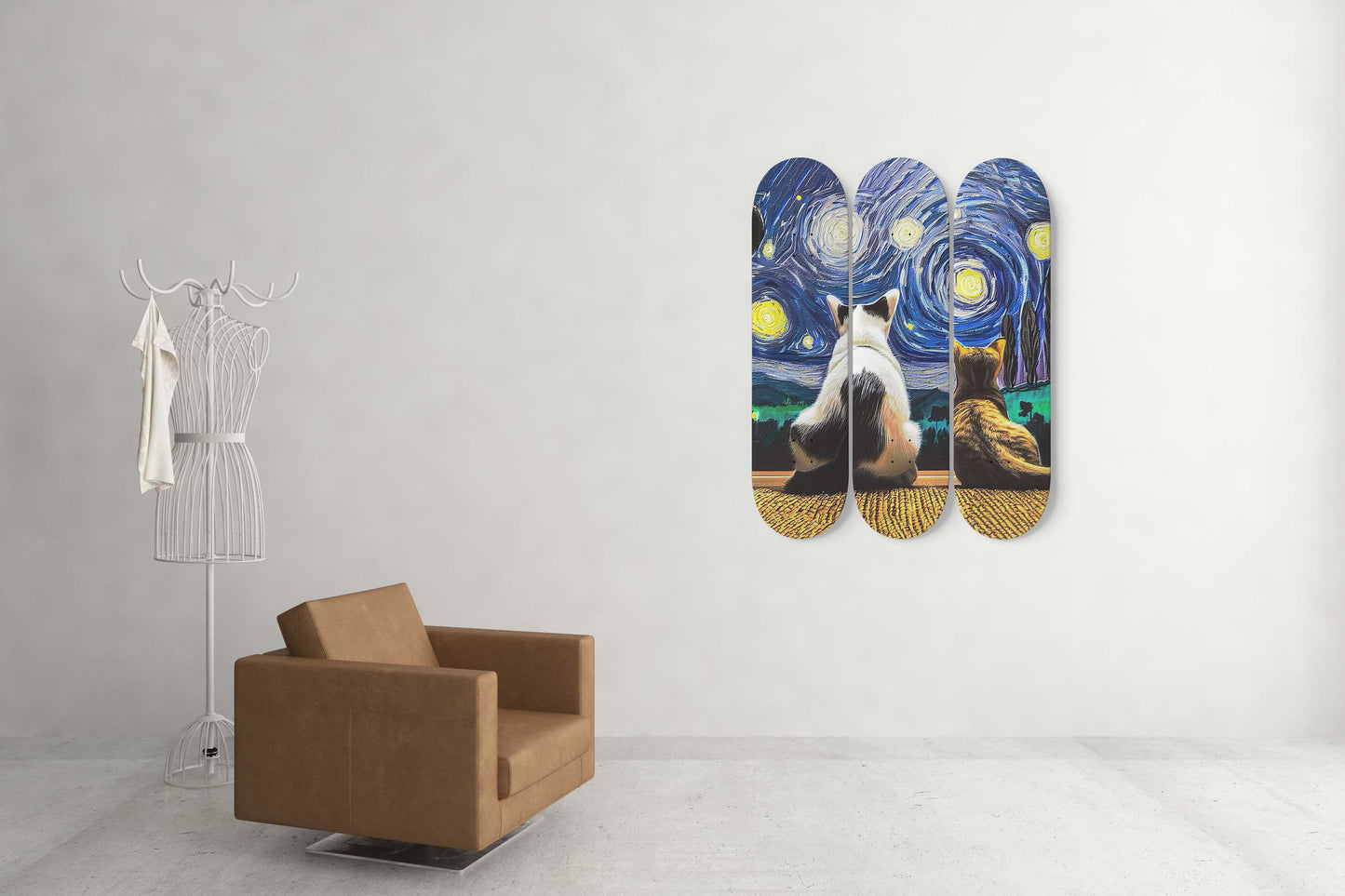 Van Gogh Cat View 3-Deck Skateboard Wall Art: Whiskered Masterpiece