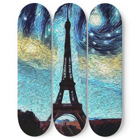 Van Gogh Eiffel Tower with The Starry Night 3-Deck Skateboard Wall Art: A Parisian Night