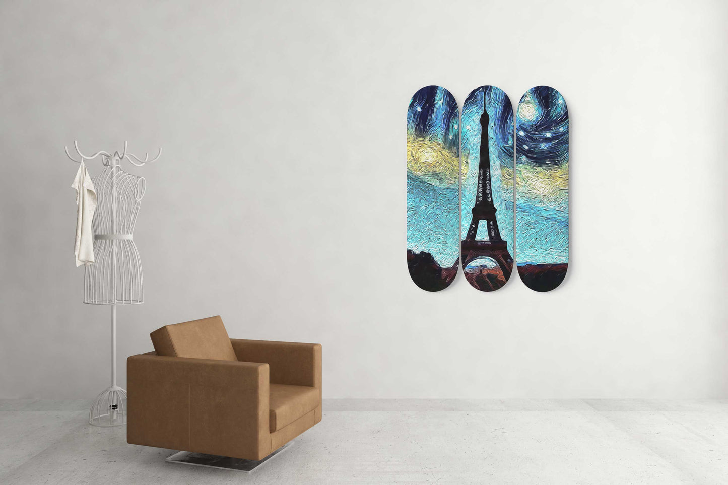 Van Gogh Eiffel Tower with The Starry Night 3-Deck Skateboard Wall Art: A Parisian Night