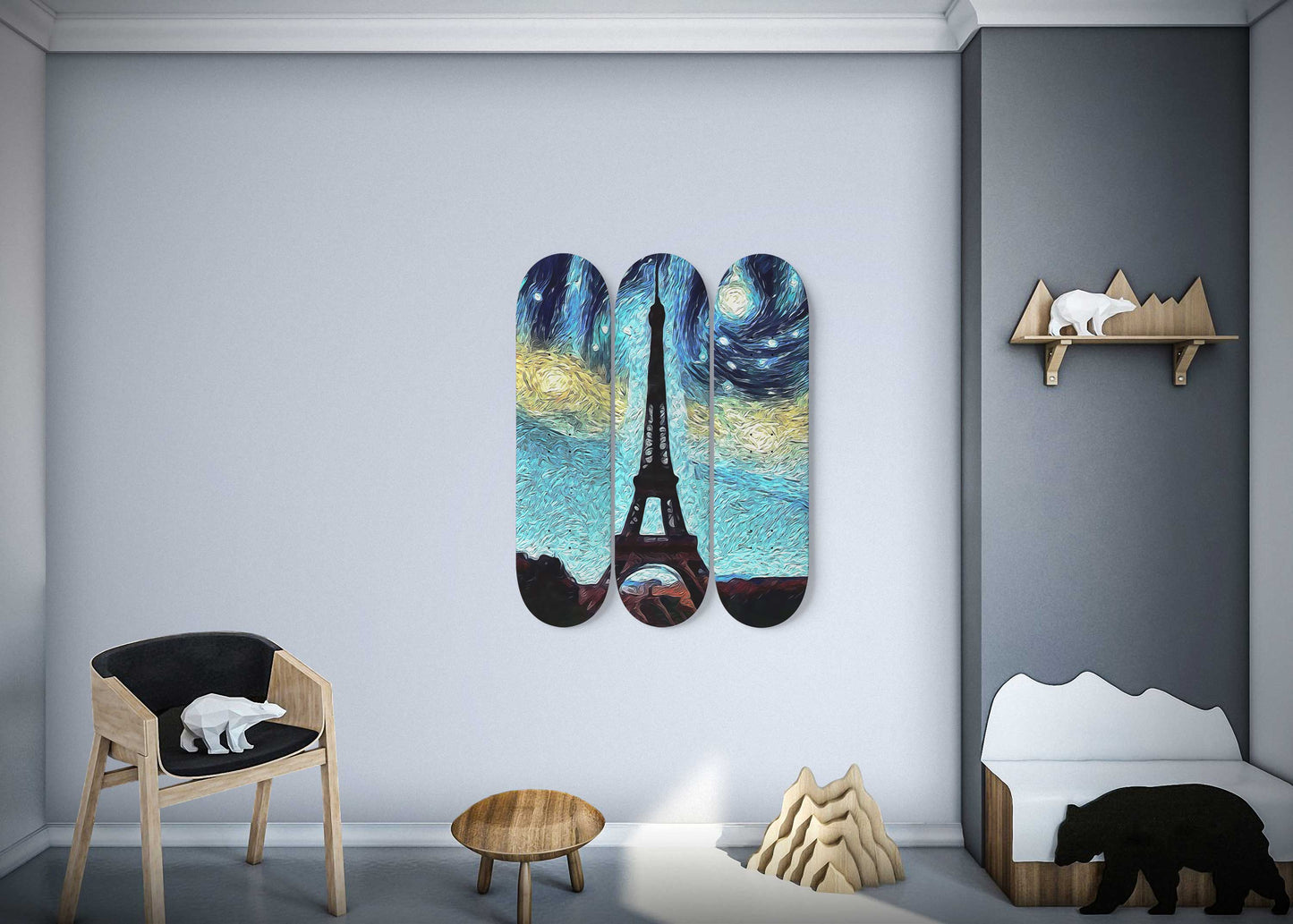 Van Gogh Eiffel Tower with The Starry Night 3-Deck Skateboard Wall Art: A Parisian Night
