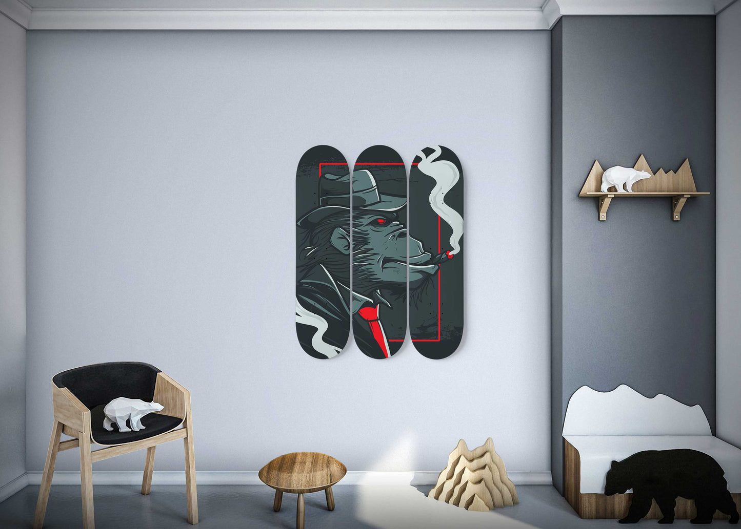Mafia Gorilla 3-Deck Skateboard Wall Art: Urban Ape Creation