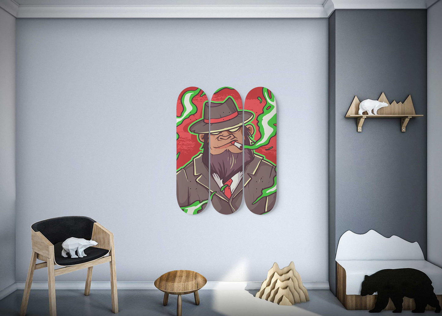 Mafia Monkey 3-Deck Skateboard Wall Art: Streetwise Ape Creation