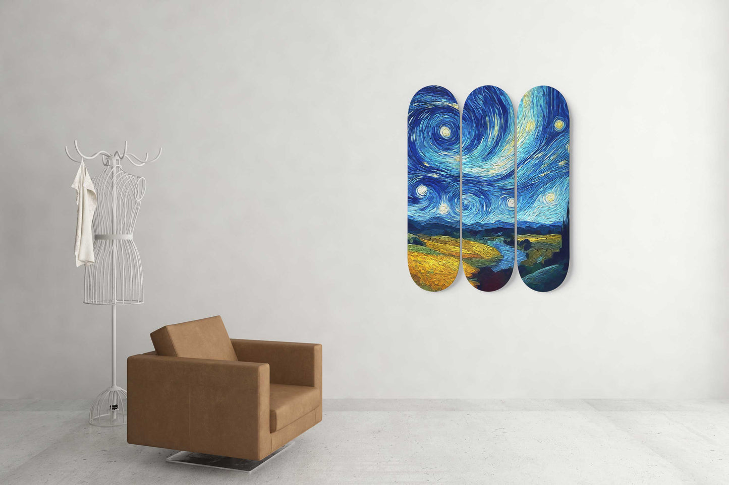 Van Gogh Starry Night Over River 3-Deck Skateboard Wall Art: Celestial Symphony in Motion