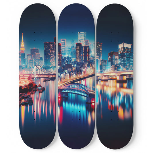 Tokyo At Night Cityscaper 3-Deck Skateboard Wall Art