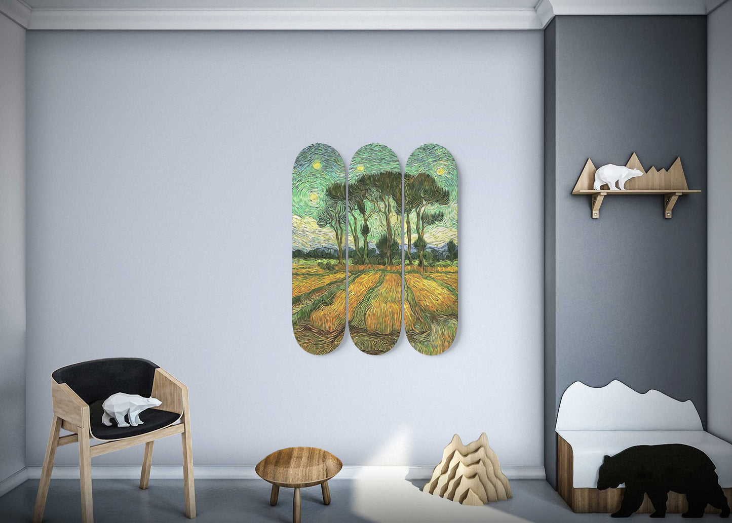 Van Gogh Trees and Ricefield 3-Deck Skateboard Wall Art