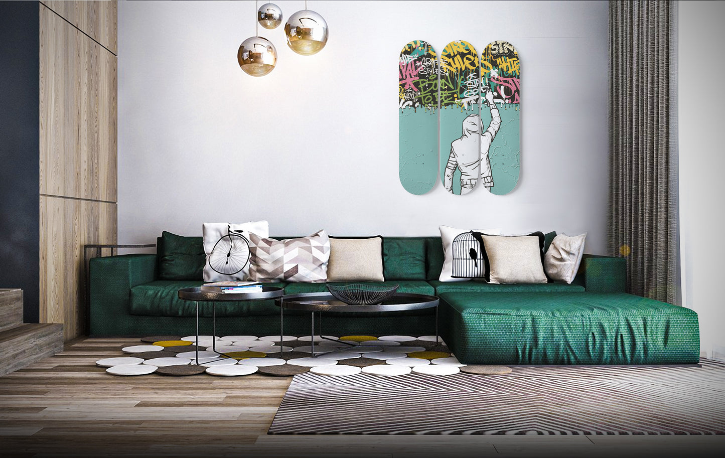 Banksy Street Graffiti Art | 3 - Set Skate Deck Art, Pro - Grade Maple Wood Mount Wall Hanging, Martin Watson Artwork, Home Wall Decor