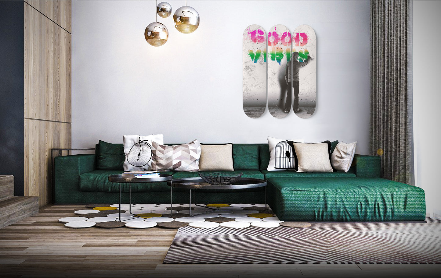 Banksy Good Vibes Graffiti Street Art | 3 - Set Skateboard Wall Art, Banksy Print, Living Room Wall Decor