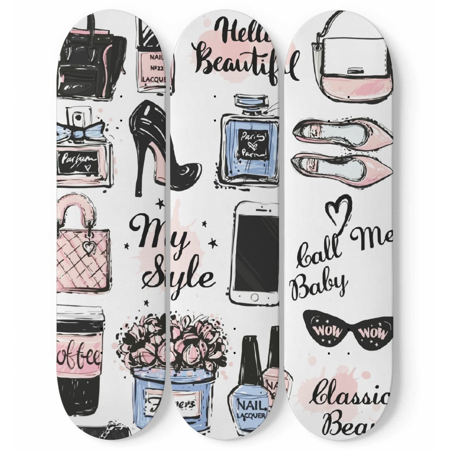 Fashion 7 | 3 Set of Skateboard Deck Wall Art | Wall Hanging Room Decor | Maple Wood | Birthday Gift