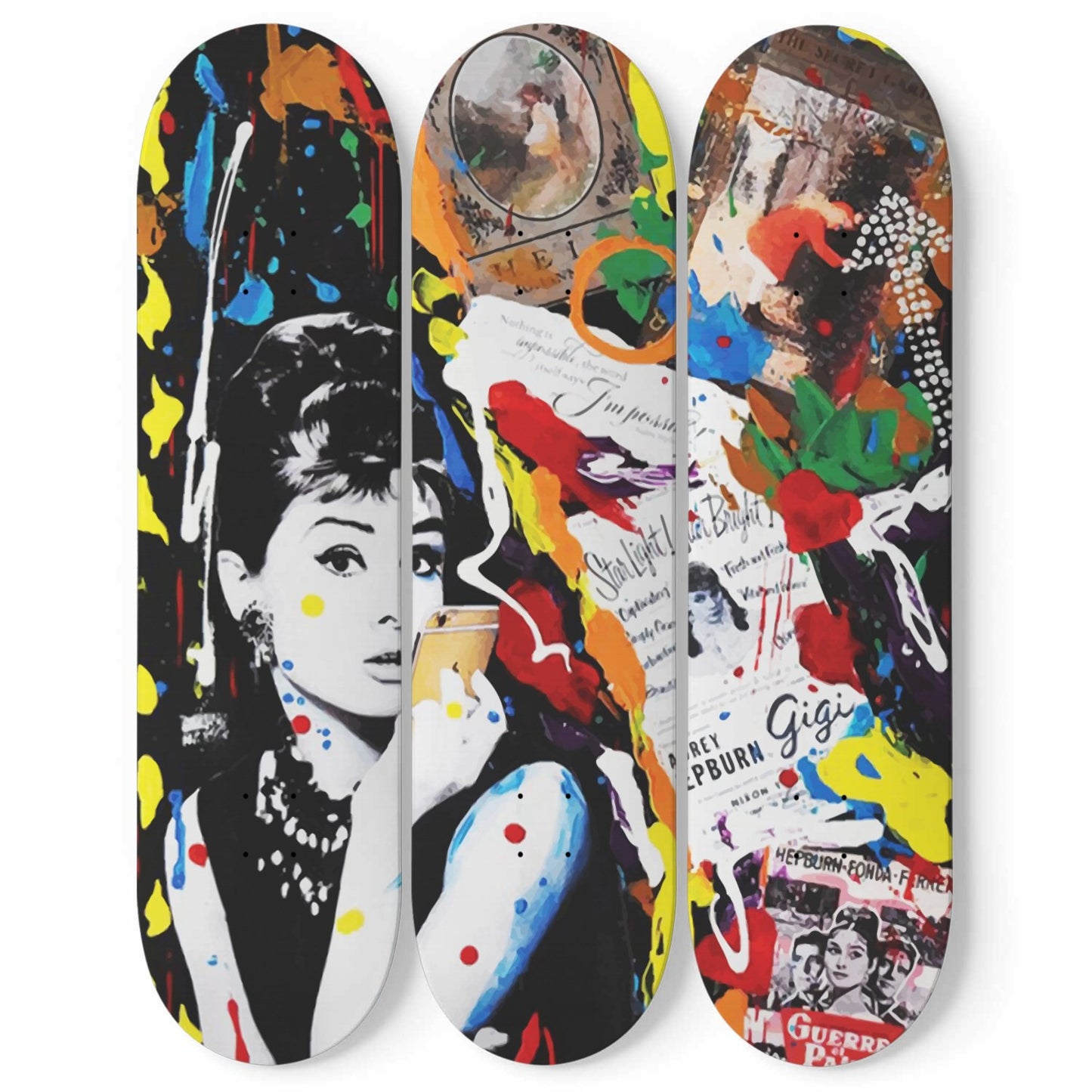 Audrey Hepburn Artwork 9 | 3-piece Skateboard Wall Art | Wall Decor | Best Unique Gift for Home Decor