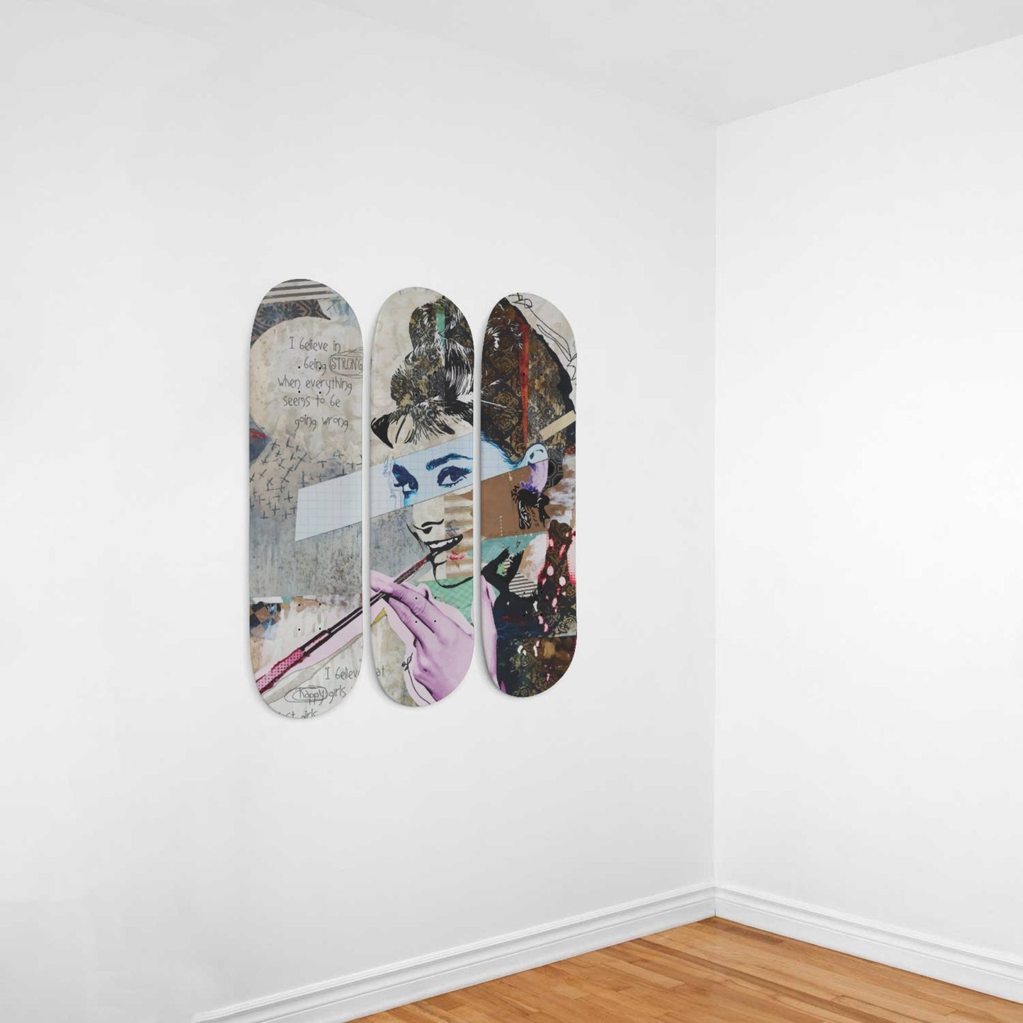 Audrey Hepburn Artwork 11 | 3-piece Skateboard Wall Art | Made with Maple Wood | Wall Hanging Decoration | Best Unique Gift for Home Decor