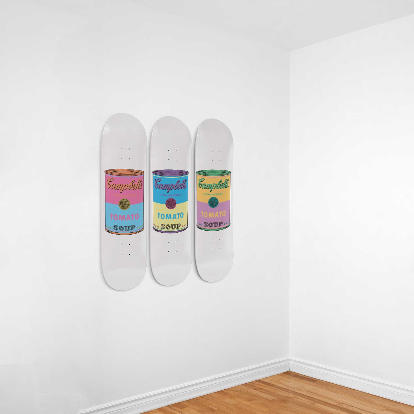 Neon Campbell's Soup (White) Andy Warhol Inspired 3-piece Skateboard Wall Art