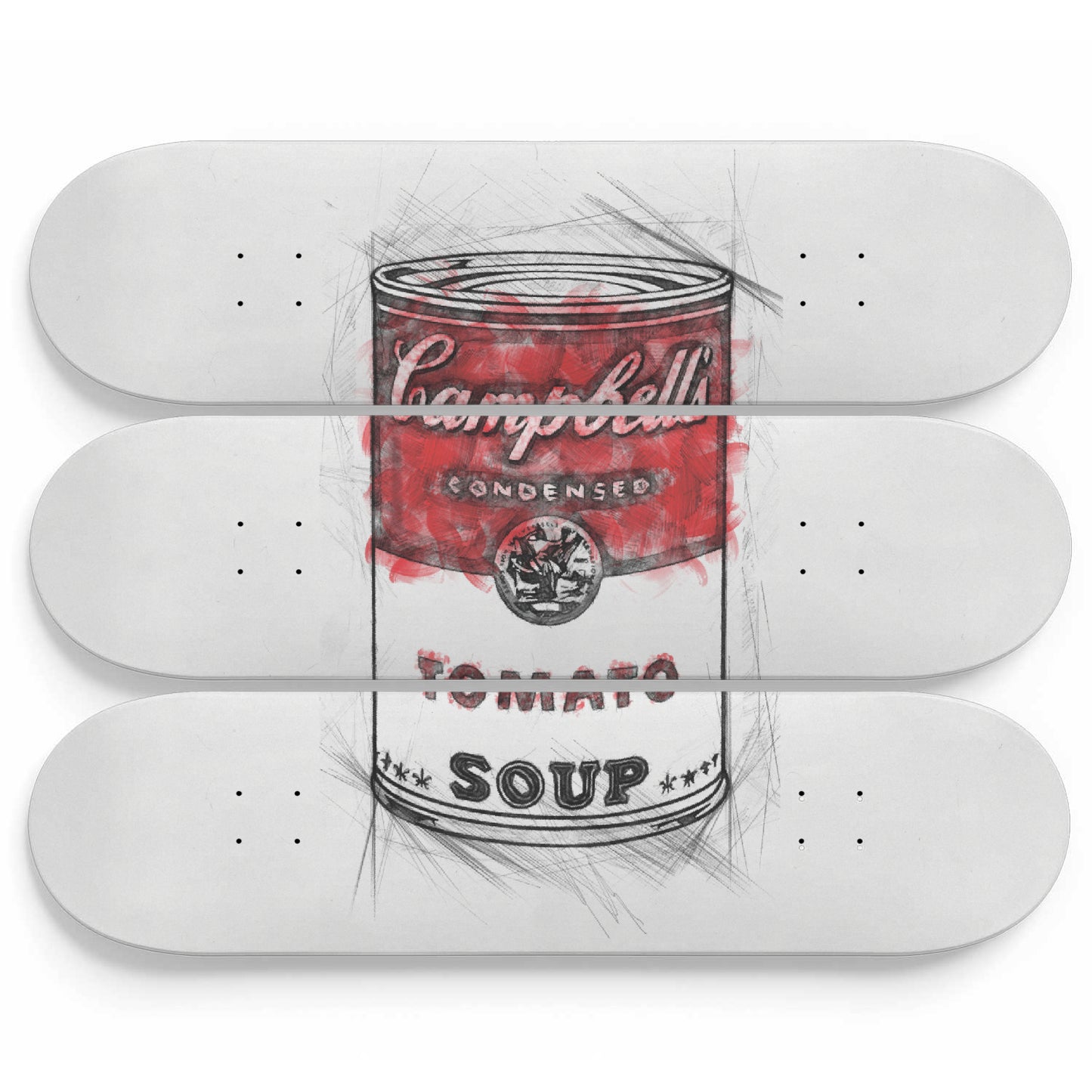Retro Funky Campbell Soup Art, Andy Warhol Inspired 3-piece Skateboard Wall Art