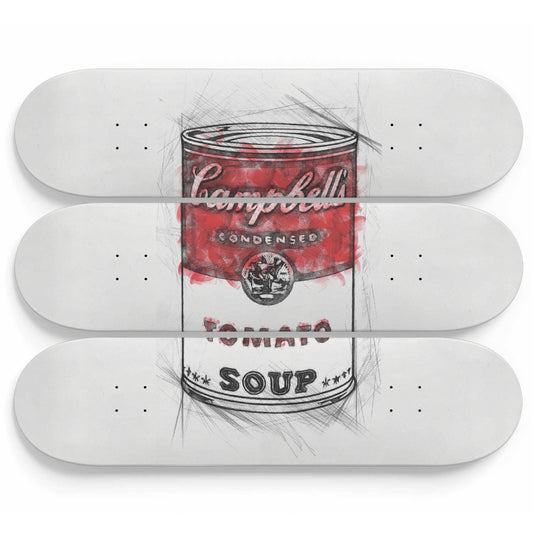 Retro Funky Campbell Soup Art, Andy Warhol Inspired 3-piece Skateboard Wall Art